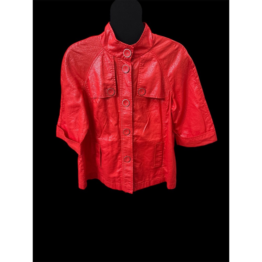 Tribal Red‎ shimmer Cropped Jacket Mandarin Collar Button Up Lightweight Coat